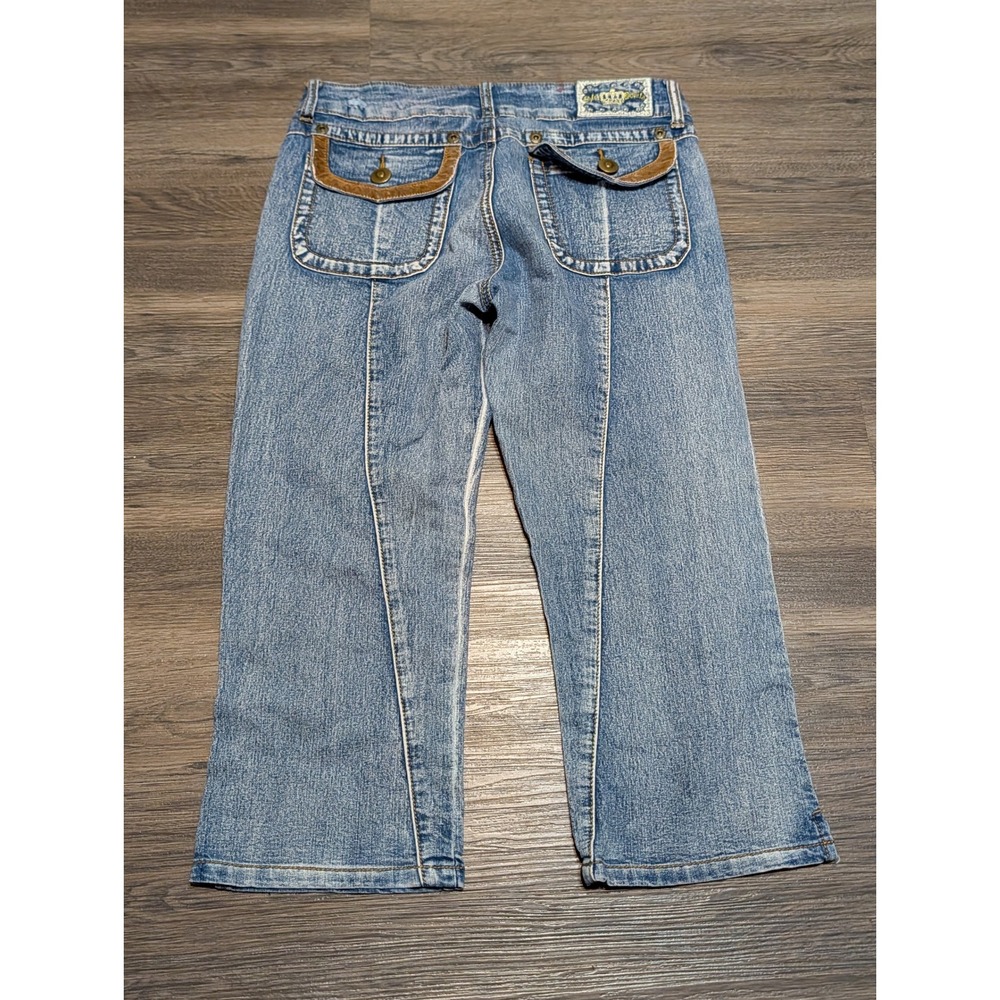 Chica Bonita Y2K Capri Jeans Medium Wash Blue Faux Leather Trim Size 5/6